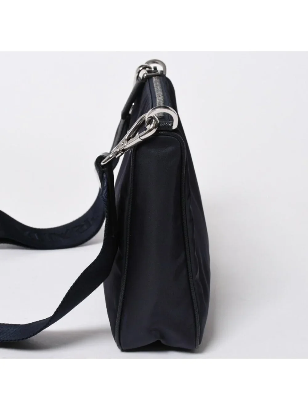 Prada Shoulder Bag Triangle Logo Nylon Leather Navy Silver